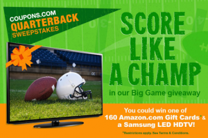 Enter the Coupons.com Quarterback Sweepstakes and you could win one of 160 Amazon.com gift cards and a Samsung LED HDTV!