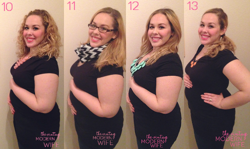 Love this progression of baby bump pictures of The Vintage Modern Wife from 10 weeks pregnant to 13 weeks pregnant. I can't wait to see all the way to 40 weeks!
