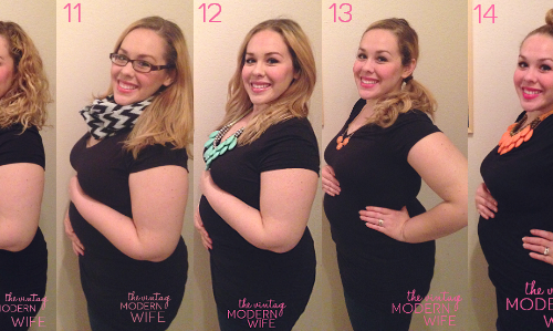 Love this progression of baby bump pictures of The Vintage Modern Wife from 10 weeks pregnant to 14 weeks pregnant. I can't wait to see all the way to 40 weeks!