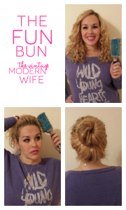This fun bun takes less than 5 minutes for the mom on the go and all you need is the Goody Quikstyle brush, 2 hair ties, and a few bobby pins! This blogger makes it look easy!