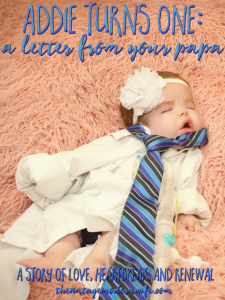 The touching story of Addie, the little girl who spent 10 months in the hospital before going home, is chronicled through her father's story in this heartfelt letter of love, heartbreak, and renewal for her 1 year birthday. A good read for all who have experienced long-term hospital life.