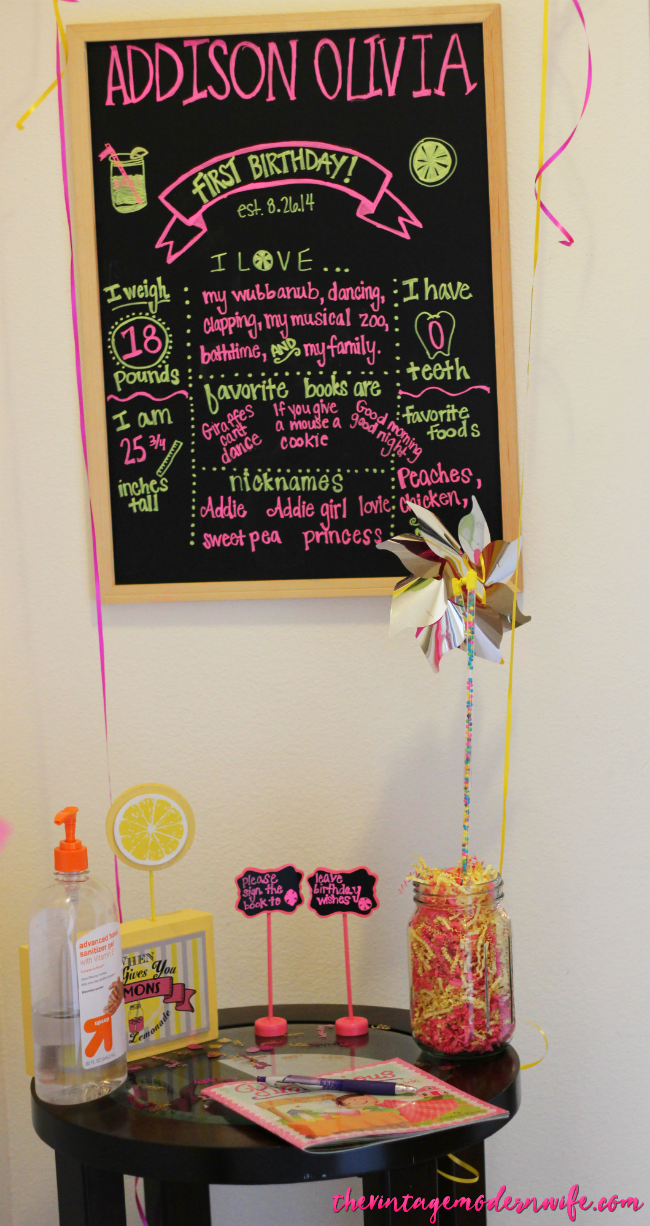 This lemonade first birthday party chalkboard is too adorable! Perfect for a lemonade party!